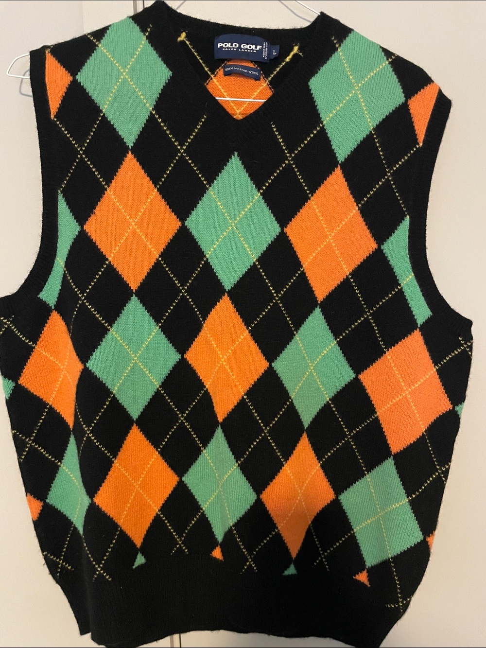 Polo by Ralph Lauren Black Argyle V-Neck Vest with Orange & Mint Diamonds
